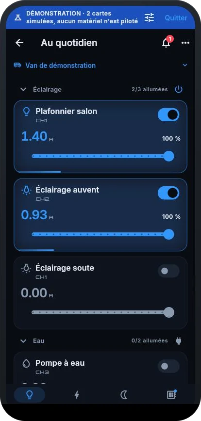 Le tableau de bord TinyRail sur un téléphone