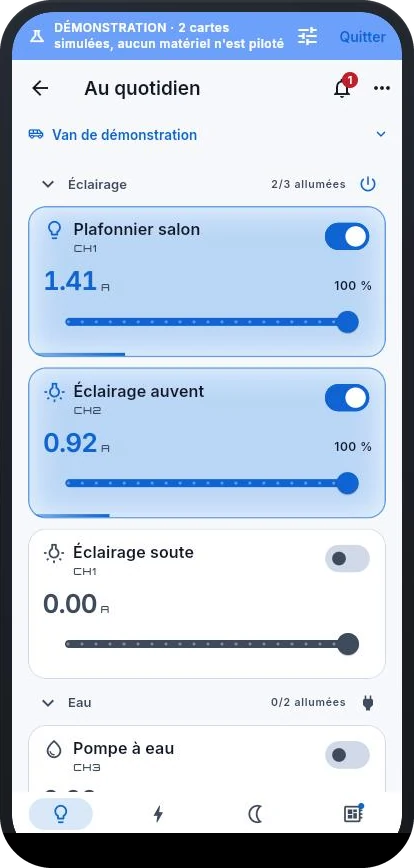 Le tableau de bord TinyRail sur un téléphone